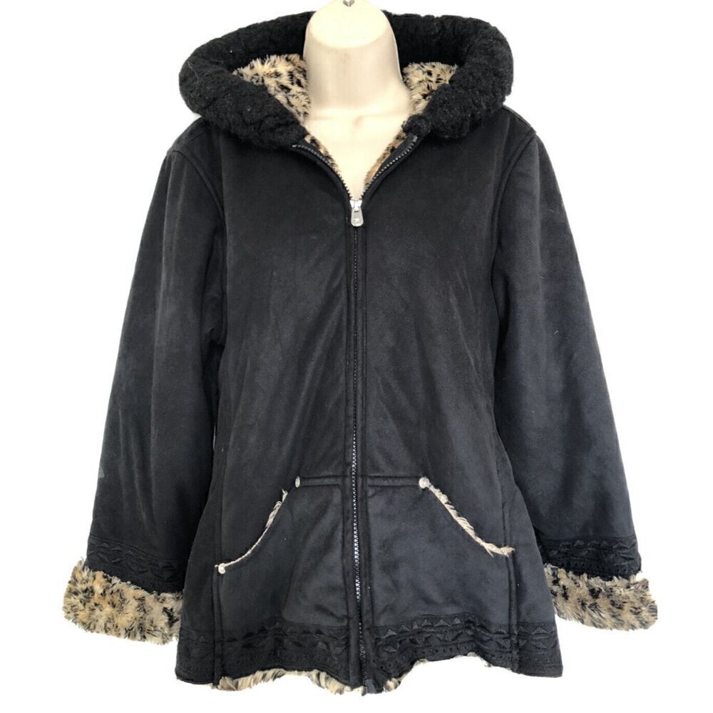 Arizona Girl's Sz Large Black Faux Suede Faux Leopard Fur Lined Hooded Jacket